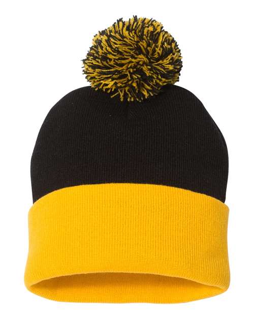 12" Pom-Pom Cuffed Beanie Black Gold One Size Headwear - Winter Sportsman