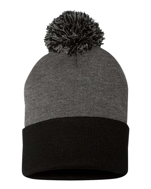 12" Pom-Pom Cuffed Beanie Dark Heather Grey Black One Size Headwear - Winter Sportsman