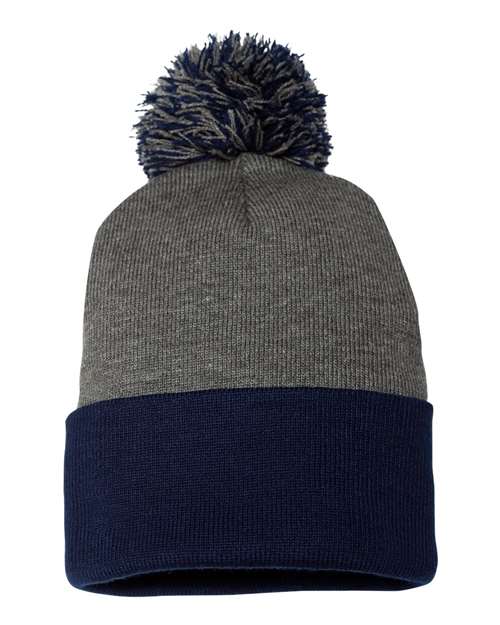 12’ Pom - Pom Cuffed Beanie - Dark Heather Grey/ Navy