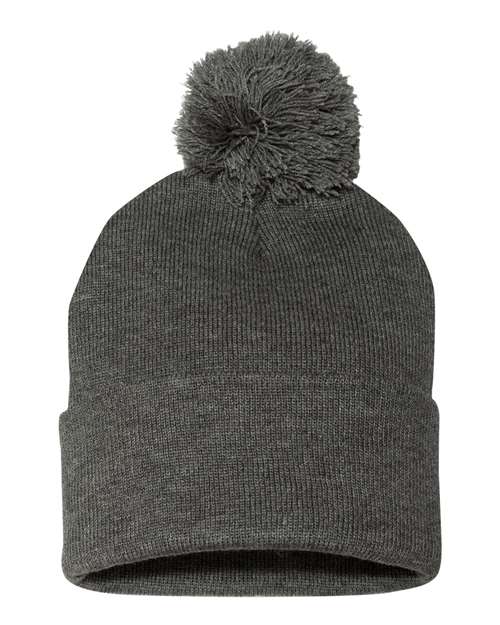 12" Pom-Pom Cuffed Beanie Dark Heather Grey One Size Headwear - Winter Sportsman