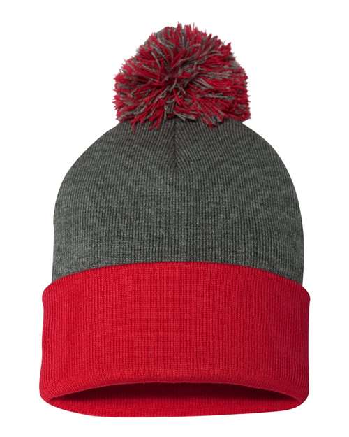 12’ Pom - Pom Cuffed Beanie - Dark Heather Grey/ Red