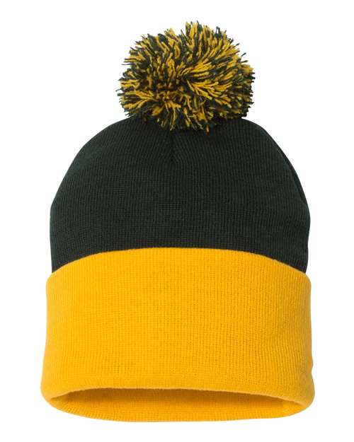 12’ Pom - Pom Cuffed Beanie - Forest/ Gold / One Size