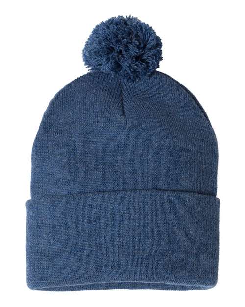 12" Pom-Pom Cuffed Beanie Heather Dark Royal One Size Headwear - Winter Sportsman