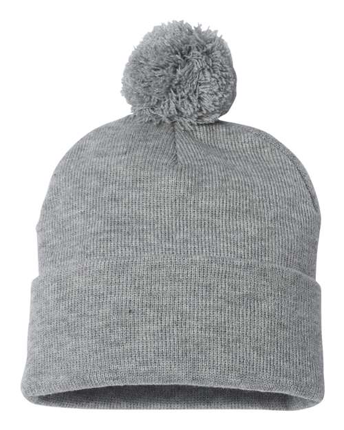 12" Pom-Pom Cuffed Beanie Heather Grey One Size Headwear - Winter Sportsman