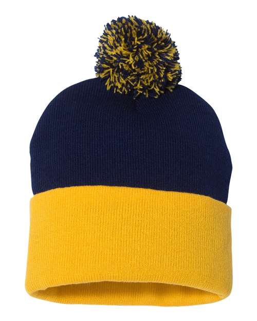 12" Pom-Pom Cuffed Beanie Navy Gold One Size Headwear - Winter Sportsman