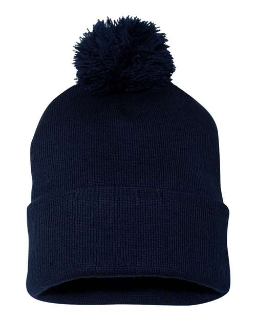 12" Pom-Pom Cuffed Beanie Navy One Size Headwear - Winter Sportsman