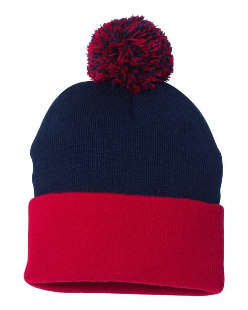 12" Pom-Pom Cuffed Beanie Navy Red One Size Headwear - Winter Sportsman