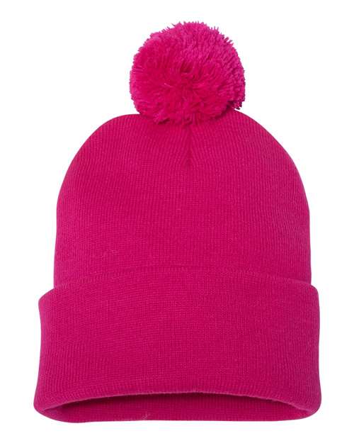 12" Pom-Pom Cuffed Beanie Neon Fuchsia One Size Headwear - Winter Sportsman