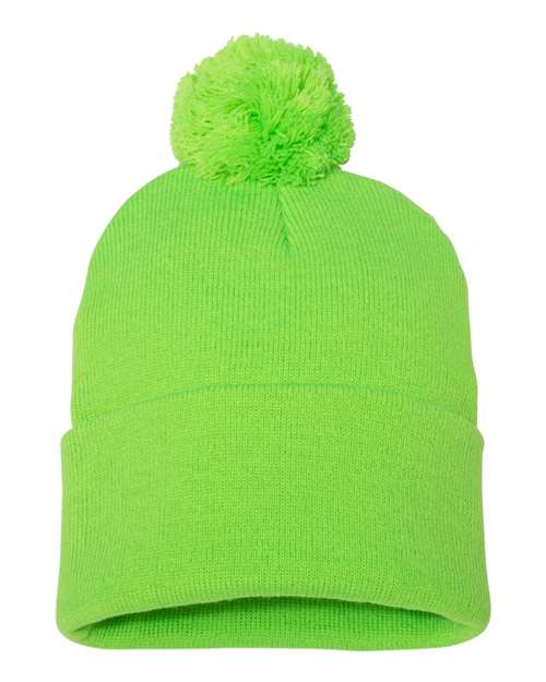 12’ Pom - Pom Cuffed Beanie - Neon Green / One Size