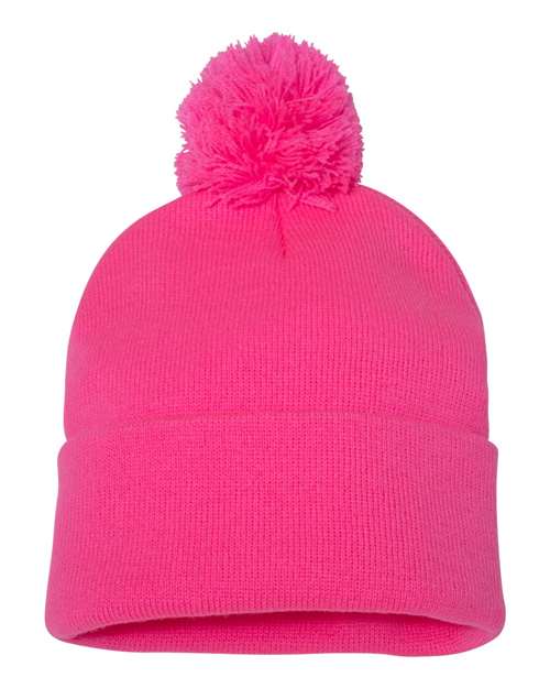 12" Pom-Pom Cuffed Beanie Neon Pink One Size Headwear - Winter Sportsman