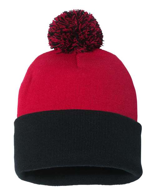 12" Pom-Pom Cuffed Beanie Red Black One Size Headwear - Winter Sportsman