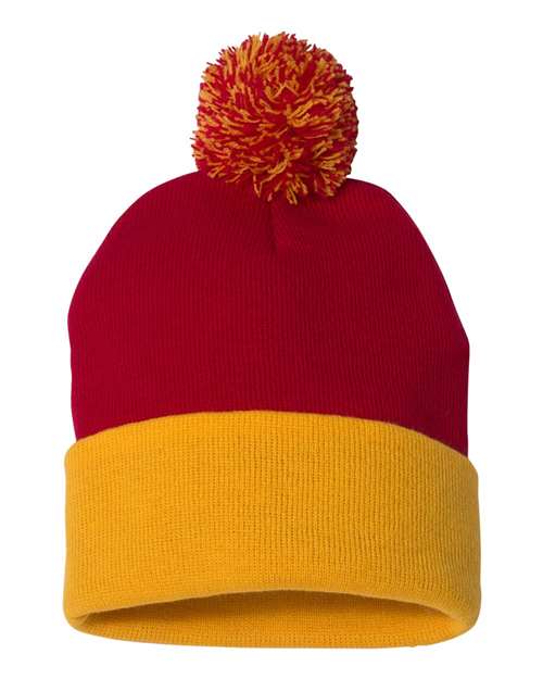 12’ Pom - Pom Cuffed Beanie - Red/ Gold / One Size