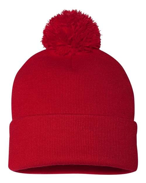 12" Pom-Pom Cuffed Beanie Red One Size Headwear - Winter Sportsman