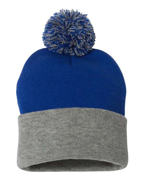 12" Pom-Pom Cuffed Beanie Royal Heather Grey One Size Headwear - Winter Sportsman