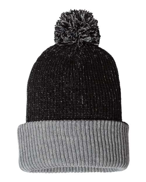 12’ Speckled Pom - Pom Cuffed Beanie - Black/ Heather