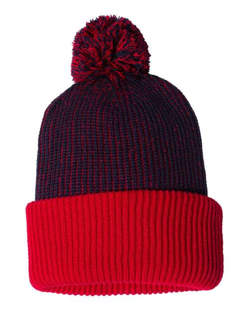 12’ Speckled Pom - Pom Cuffed Beanie - Navy/ Red / One Size