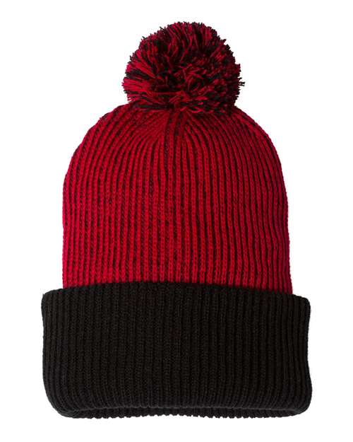 12’ Speckled Pom - Pom Cuffed Beanie - Red/ Black / One Size