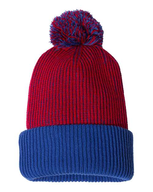 12’ Speckled Pom - Pom Cuffed Beanie - Red/ Royal / One Size