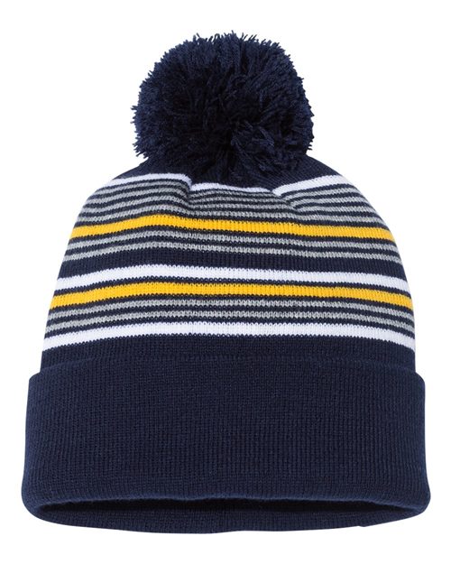 12" Striped Pom-Pom Cuffed Beanie Headwear - Winter Sportsman