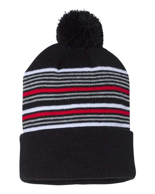 12" Striped Pom-Pom Cuffed Beanie Black White Grey Red One Size Headwear - Winter Sportsman