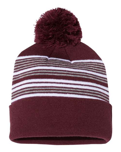 12" Striped Pom-Pom Cuffed Beanie Maroon White Grey One Size Headwear - Winter Sportsman