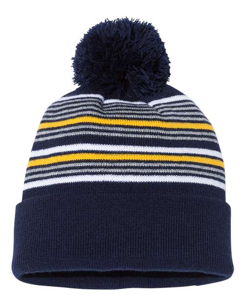 12" Striped Pom-Pom Cuffed Beanie Navy White Grey Gold One Size Headwear - Winter Sportsman