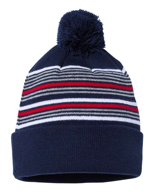 12" Striped Pom-Pom Cuffed Beanie Navy White Grey Red One Size Headwear - Winter Sportsman