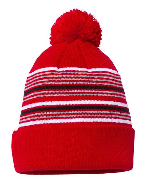 12" Striped Pom-Pom Cuffed Beanie Red White Grey Black One Size Headwear - Winter Sportsman