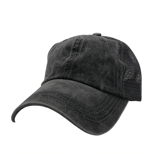 AS-1012 - Pigment Dyed Trucker Mesh Cap Black Charcoal One Size 6 PANELS - UNSTRUCTURED caps casquette Casual Wear COTTON / POLYESTER CURVE D-RING STRAP nissi caps TRUCKER MESH unstructured