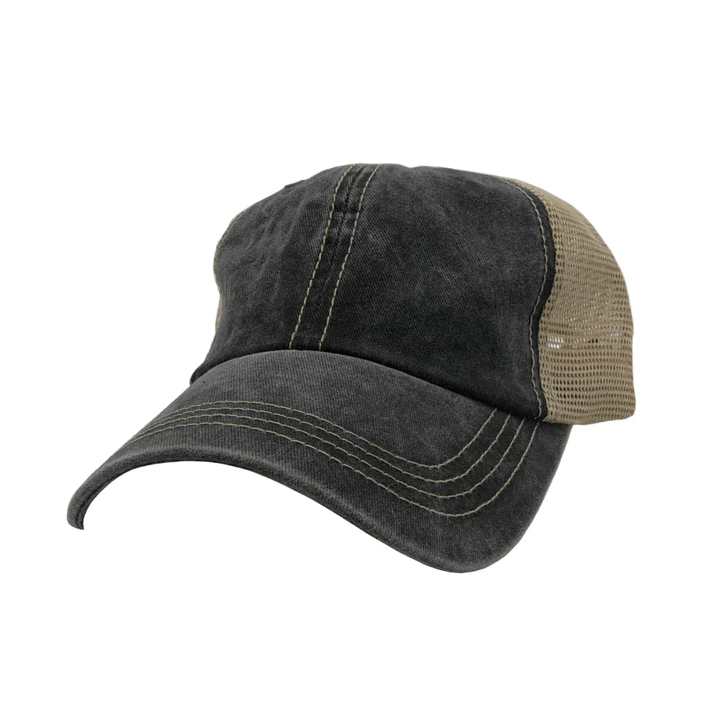 AS-1012 - Pigment Dyed Trucker Mesh Cap Black Khaki One Size 6 PANELS - UNSTRUCTURED caps casquette Casual Wear COTTON / POLYESTER CURVE D-RING STRAP nissi caps TRUCKER MESH unstructured