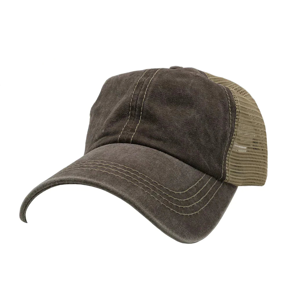 AS-1012 - Pigment Dyed Trucker Mesh Cap Brown Khaki One Size 6 PANELS - UNSTRUCTURED caps casquette Casual Wear COTTON / POLYESTER CURVE D-RING STRAP nissi caps TRUCKER MESH unstructured