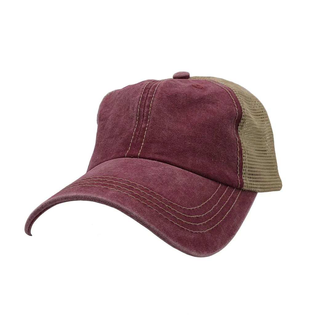 AS-1012 - Pigment Dyed Trucker Mesh Cap Burgundy Khaki One Size 6 PANELS - UNSTRUCTURED caps casquette Casual Wear COTTON / POLYESTER CURVE D-RING STRAP nissi caps TRUCKER MESH unstructured