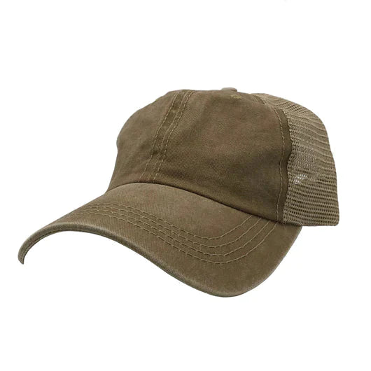 AS-1012 - Pigment Dyed Trucker Mesh Cap Dark Beige Khaki One Size 6 PANELS - UNSTRUCTURED caps casquette Casual Wear COTTON / POLYESTER CURVE D-RING STRAP nissi caps TRUCKER MESH unstructured