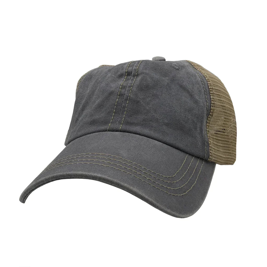 AS-1012 - Pigment Dyed Trucker Mesh Cap Grey Khaki One Size 6 PANELS - UNSTRUCTURED caps casquette Casual Wear COTTON / POLYESTER CURVE D-RING STRAP nissi caps TRUCKER MESH unstructured