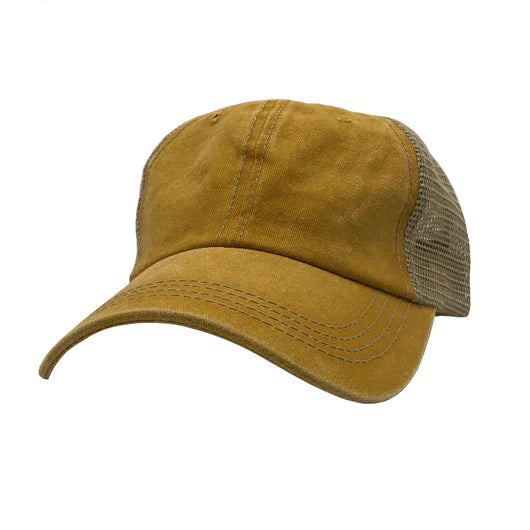 AS-1012 - Pigment Dyed Trucker Mesh Cap Mustard Khaki One Size 6 PANELS - UNSTRUCTURED caps casquette Casual Wear COTTON / POLYESTER CURVE D-RING STRAP nissi caps TRUCKER MESH unstructured