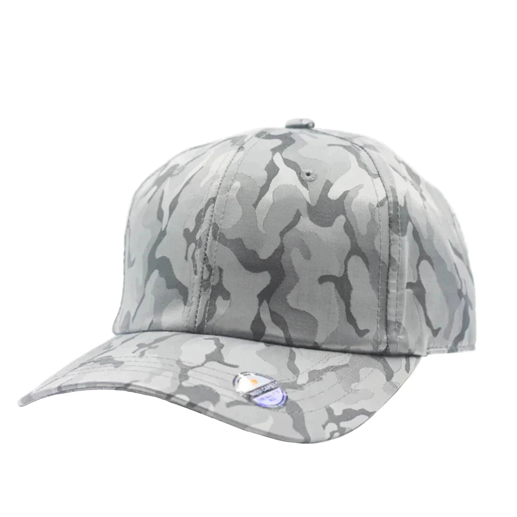 GN-1017 - Satin Camo Cap 6 PANELS BRASS BUCKLE CURVE NISSI CAPS POLYESTER