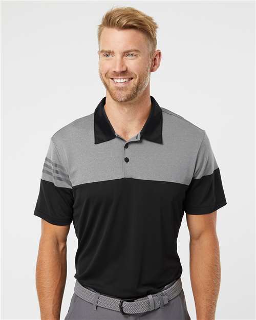 Heathered 3 - Stripes Colorblocked Polo - Black/ Vista Grey