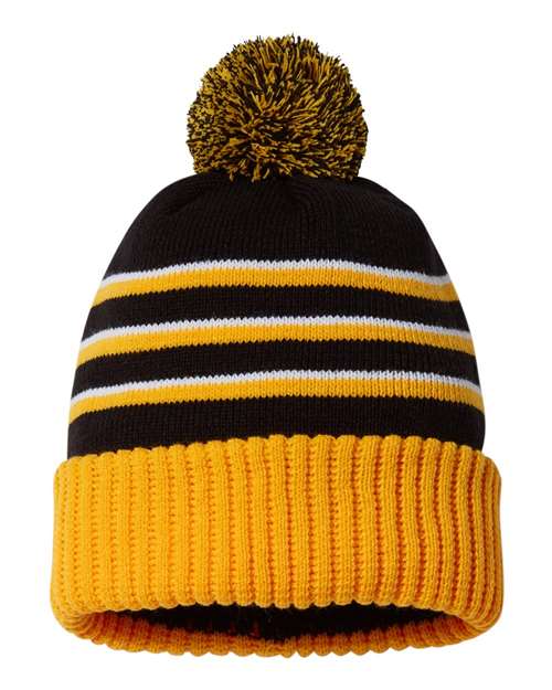 Stripe Pom Cuffed Beanie Black Gold White One Size Headwear - Winter Richardson