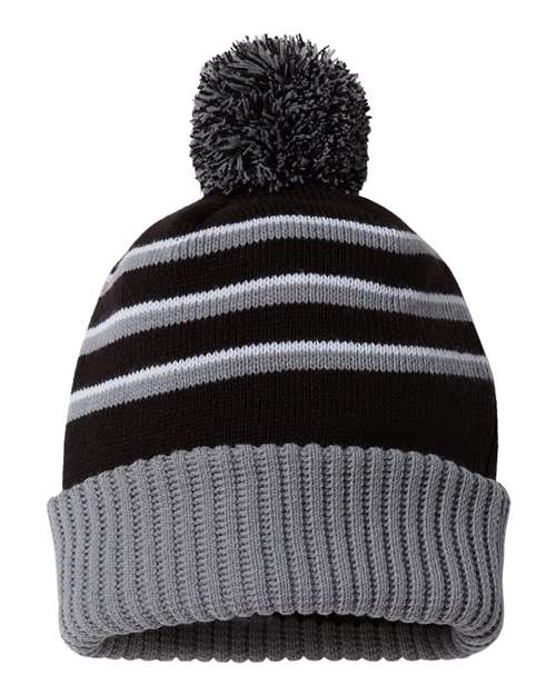 Stripe Pom Cuffed Beanie Black Grey White One Size Headwear - Winter Richardson