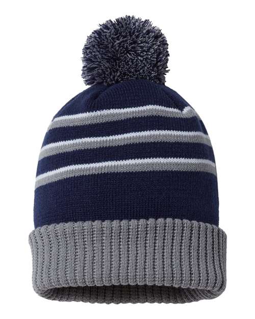 Stripe Pom Cuffed Beanie Navy Grey White One Size Headwear - Winter Richardson