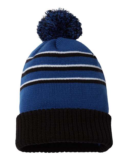 Stripe Pom Cuffed Beanie Royal Black White One Size Headwear - Winter Richardson